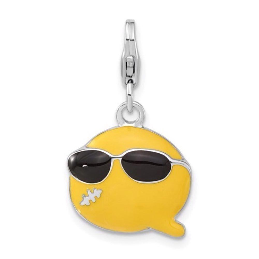 Sterling Silver Enameled Smiley Face with Sunglasses with Lobster Clasp Charm